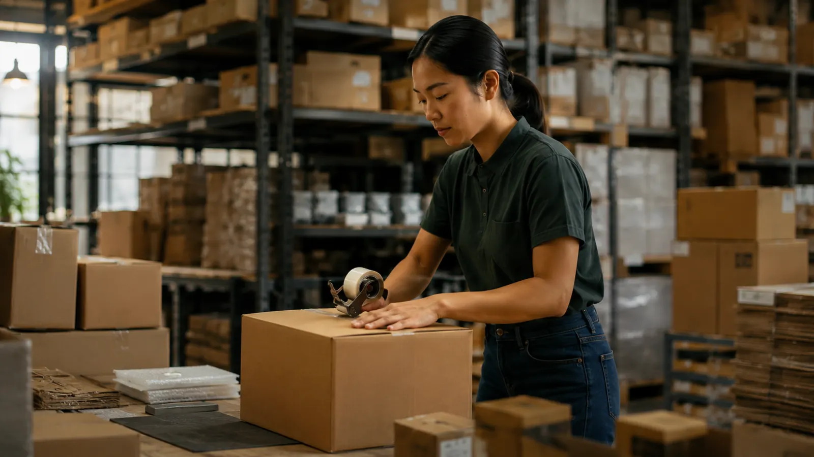 Woman packing product into a shipping box