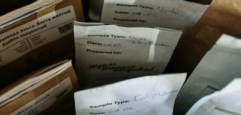 Coffee sample bags awaiting roasting