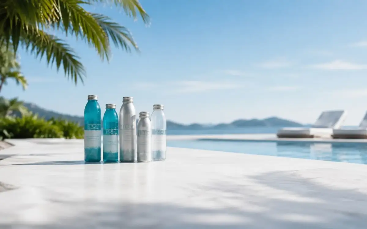 Bottled water on a poolside ledge overlooking the ocean