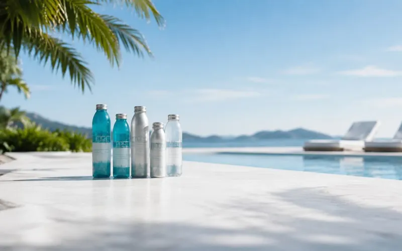 Bottled water on a poolside ledge overlooking the ocean