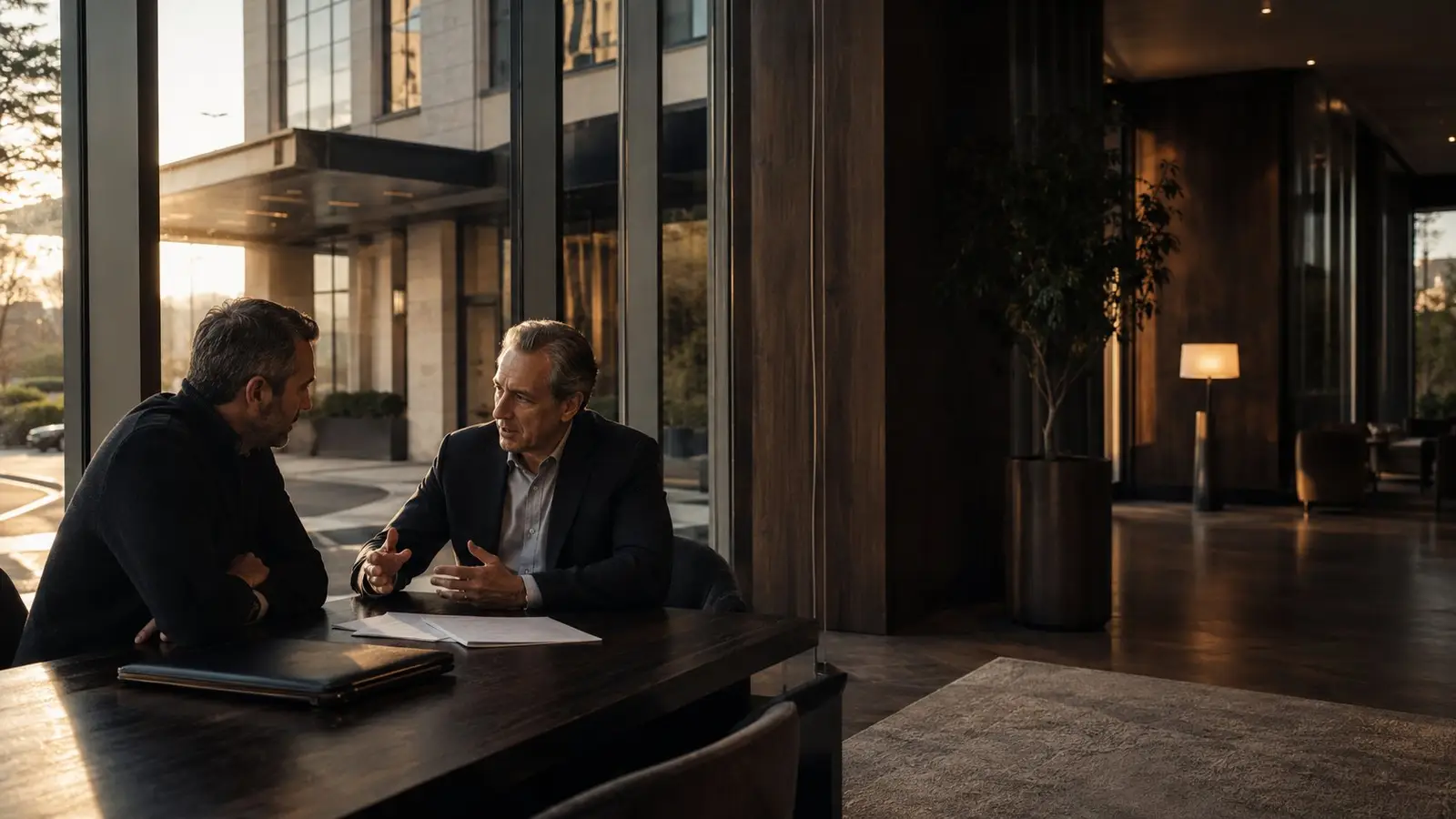 An owner and a lender talk through a financing file in a hotel lobby at dusk