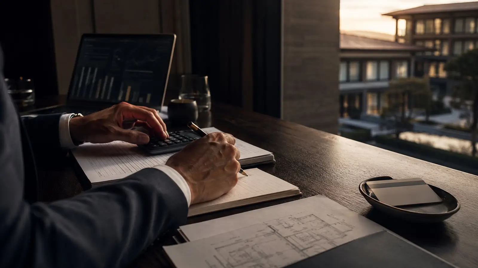 Reviewing operating statements at a desk overlooking a hotel