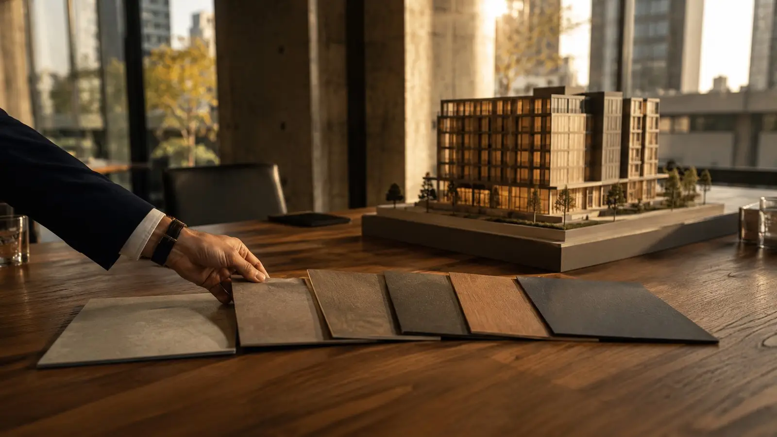 Comparing structure options beside a model of a hotel development