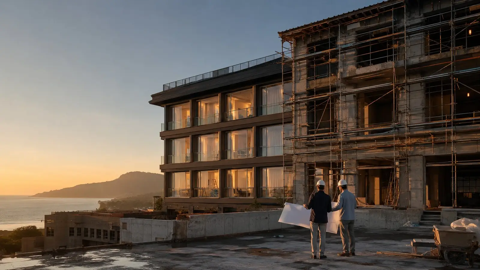 Owners walk a hotel construction site at sunset with plans in hand