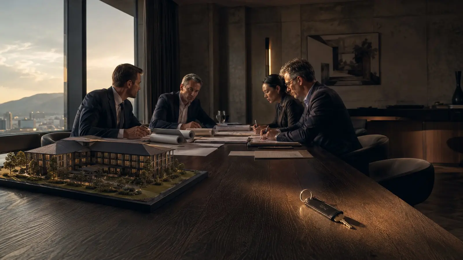 A deal team works through a financing timeline around a hotel model