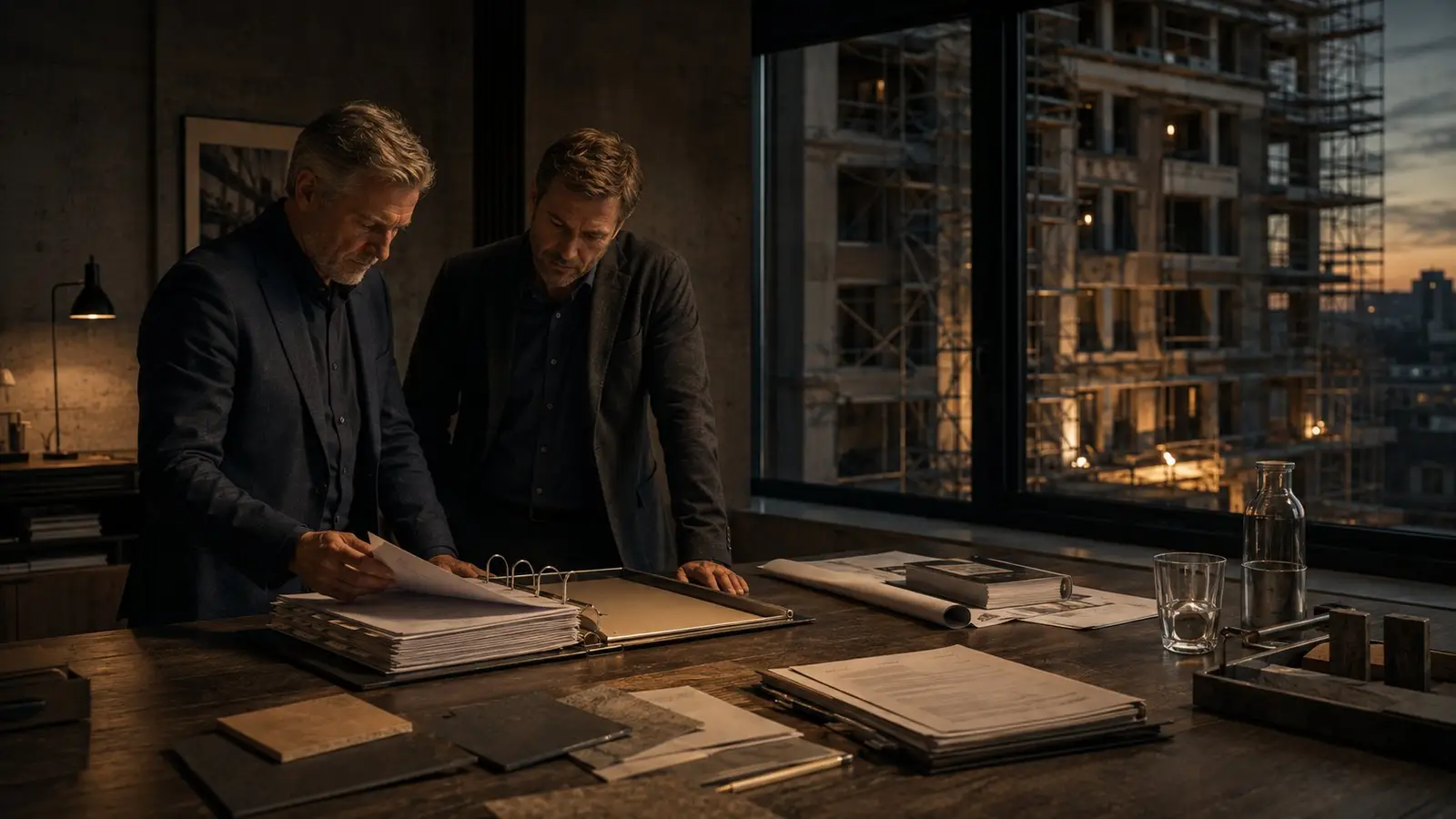 Two sponsors rework a file at dusk while construction continues outside