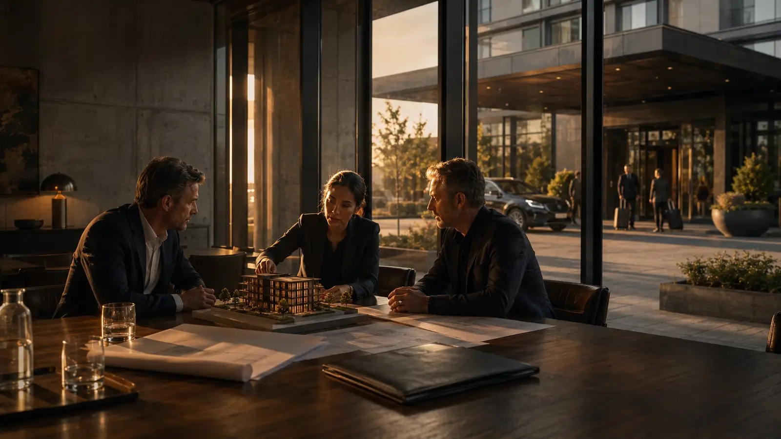 A sponsor meets the Bridge team at a hotel entrance