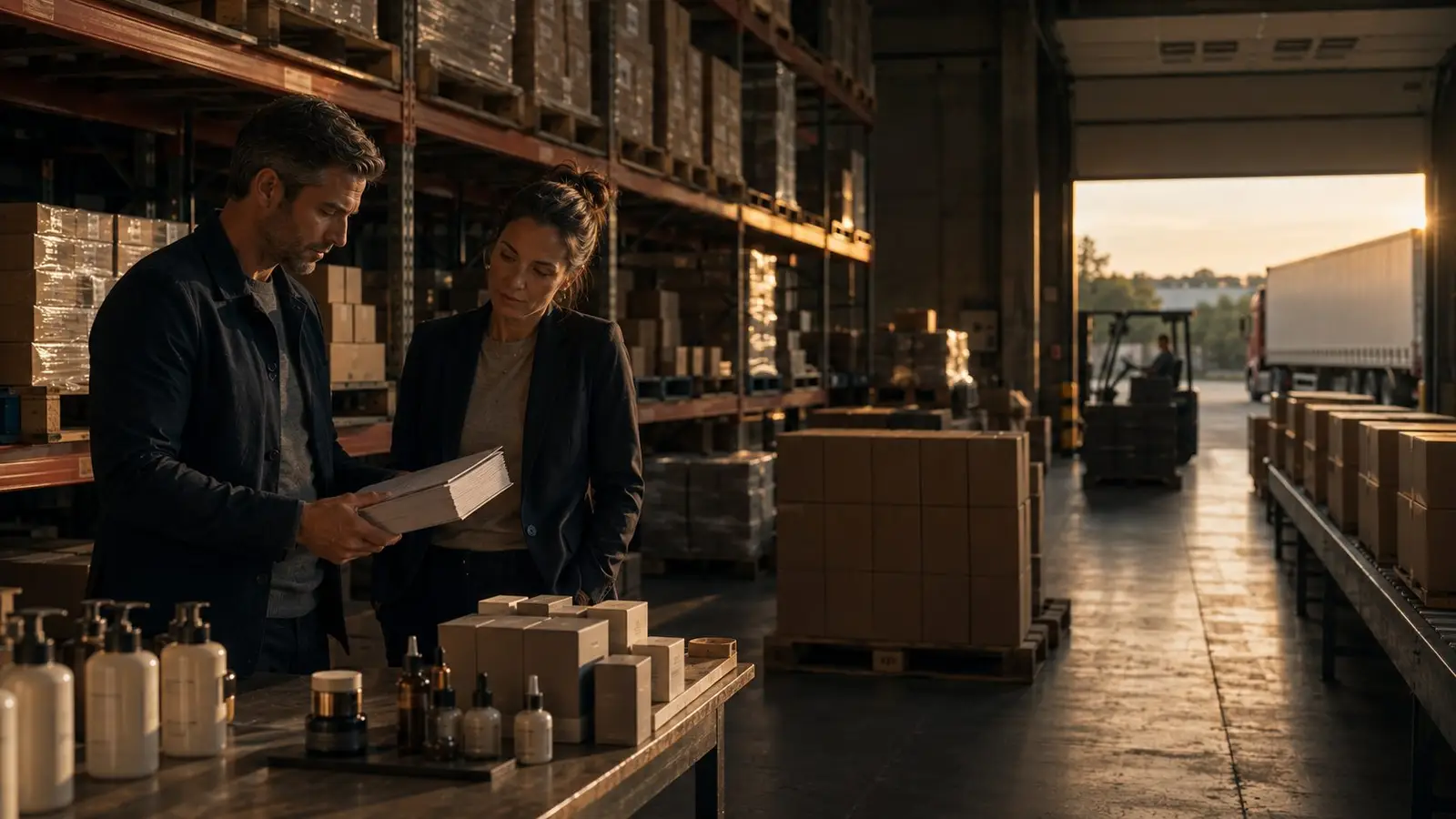 A brand founder and a lender review an order in a warehouse at dusk