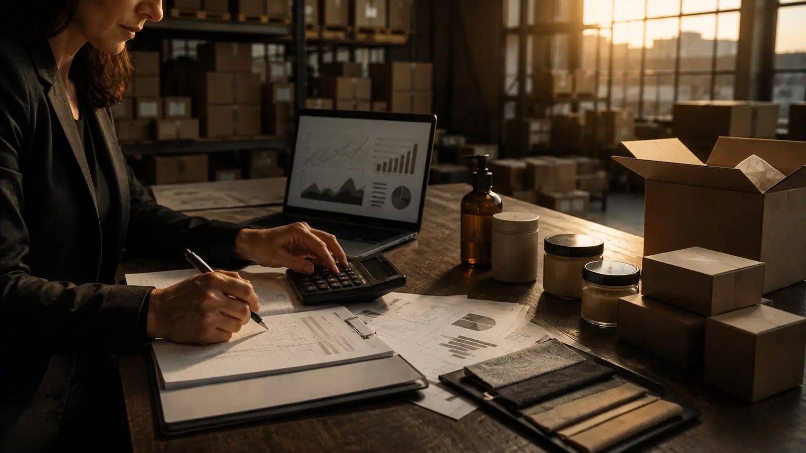 A finance lead works through order numbers on a laptop and a calculator