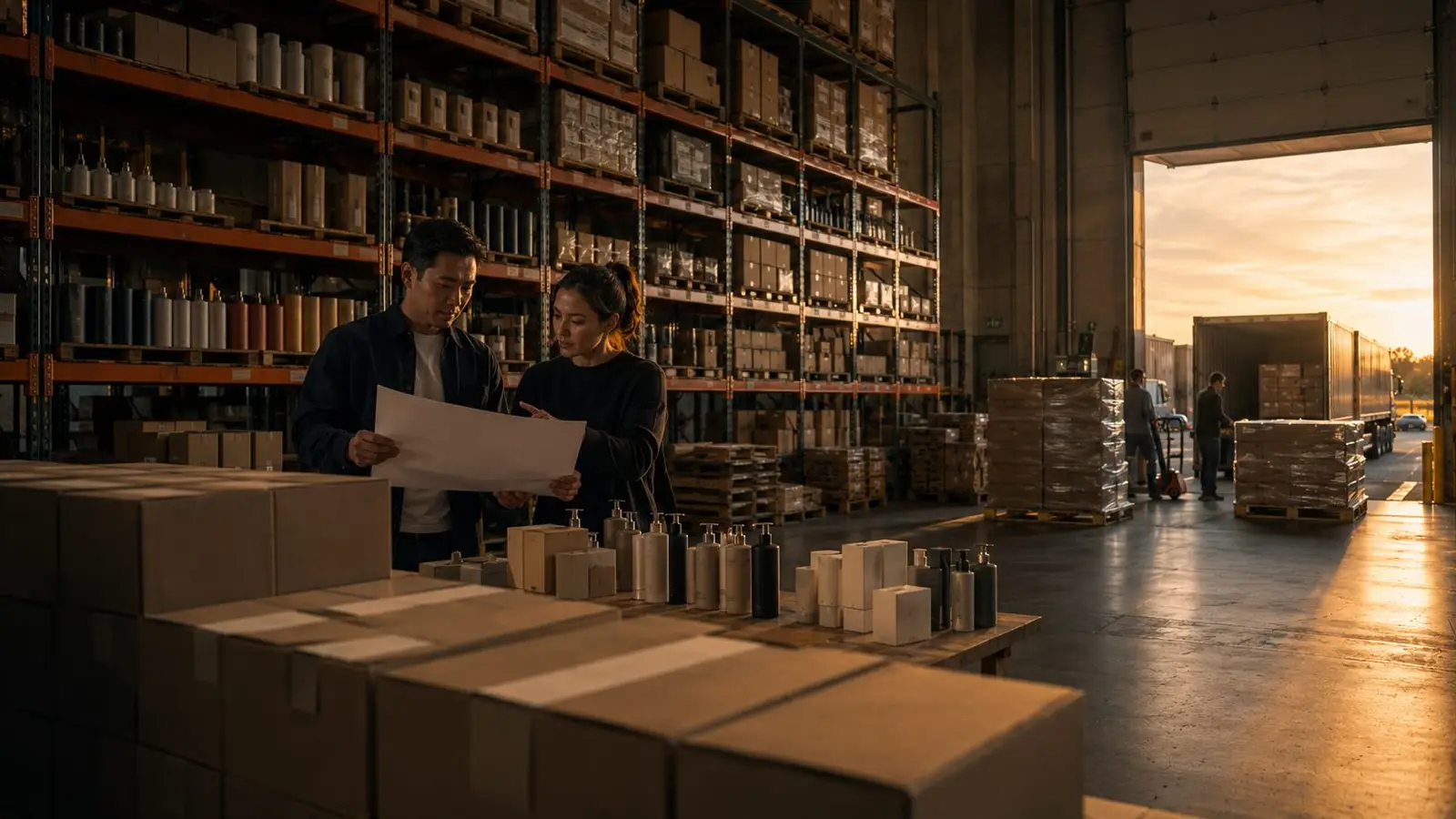 Two founders review a production plan as pallets are loaded behind them