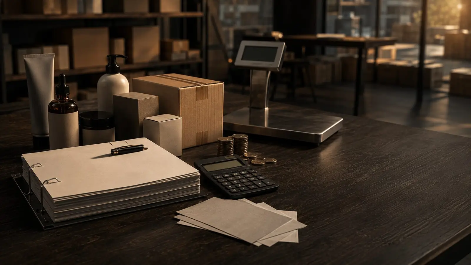 A calculator, a shipping scale, and cost sheets laid out on a desk