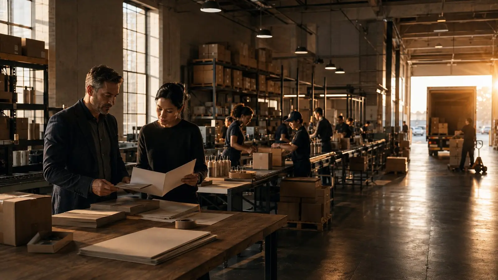 A packing line runs while two managers check the order file