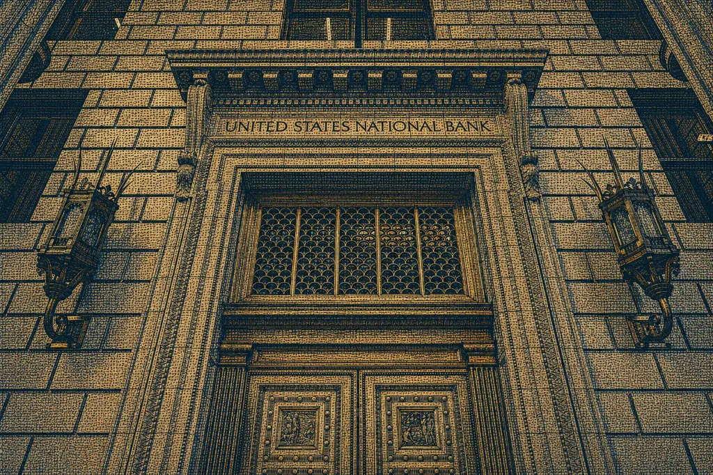 Low-angle engraved United States National Bank stone portal in currency-style stipple
