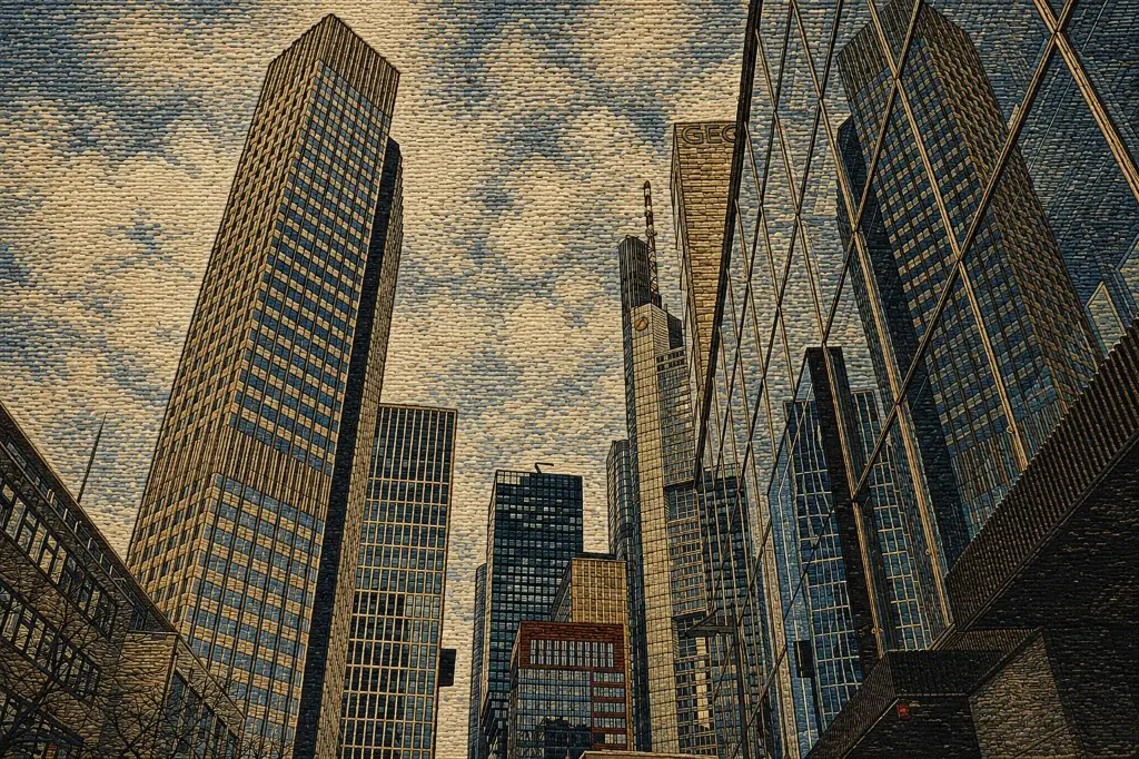 Looking up from the street at clustered office towers under a cloudy sky