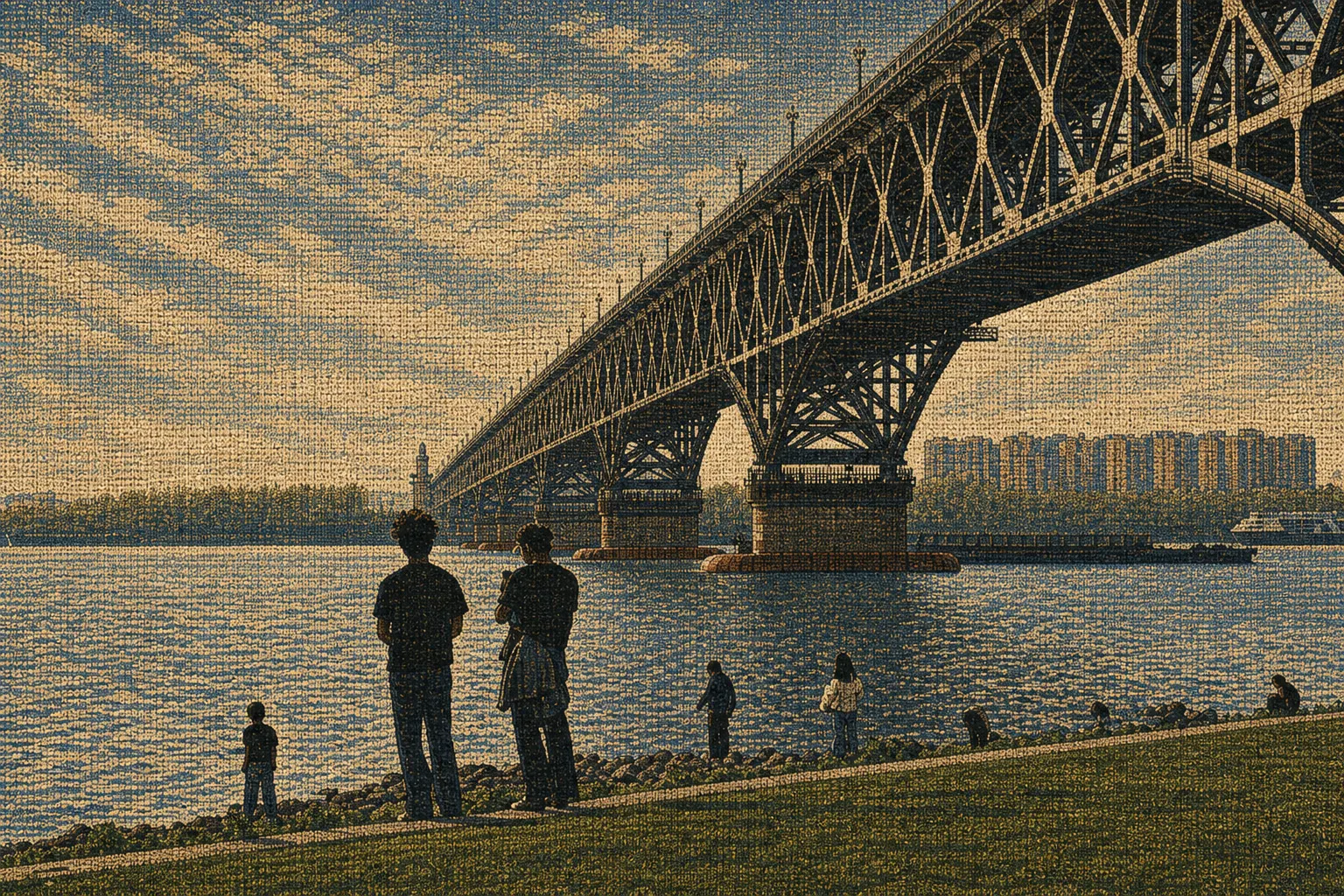 Steel truss bridge over a river in Mediterranean coded-tapestry illustration