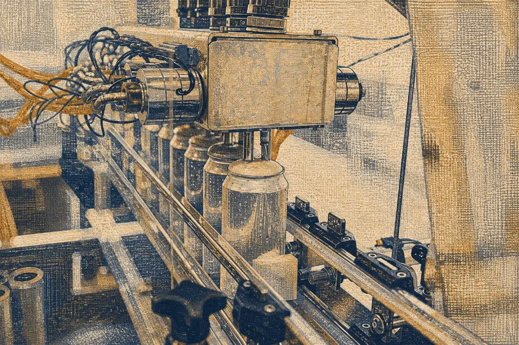 Gold and navy etched illustration of a canning line filling silver cans