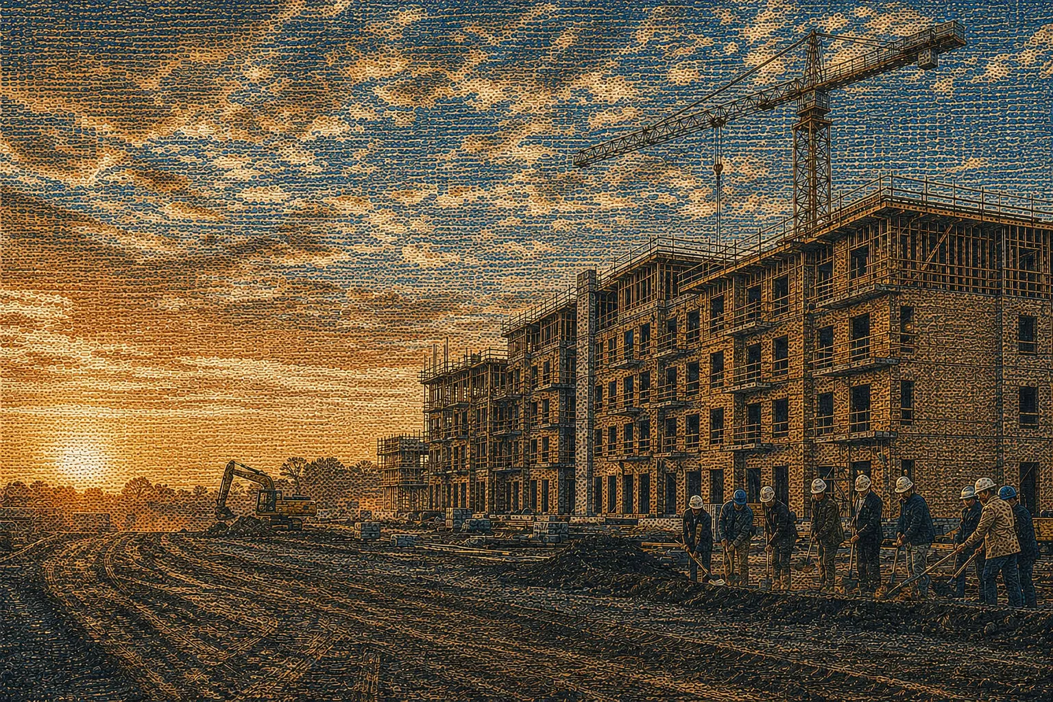 Crews and a tower crane at a multi-story hotel construction site at sunset