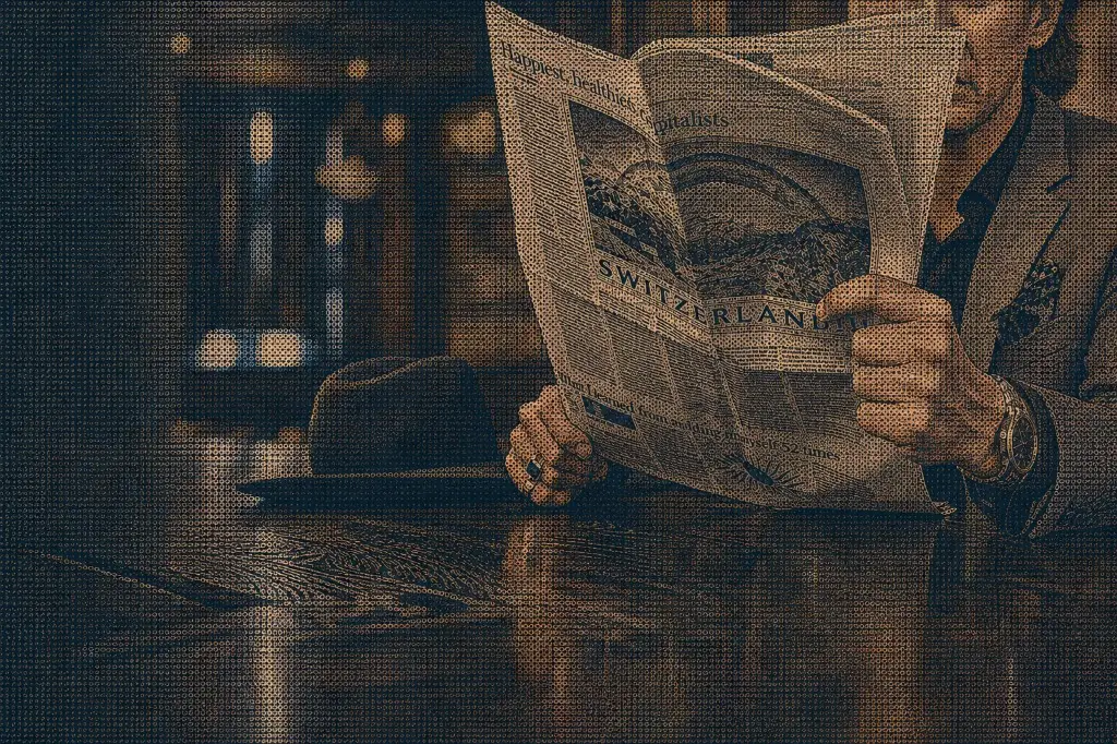 A person reading a newspaper at a table