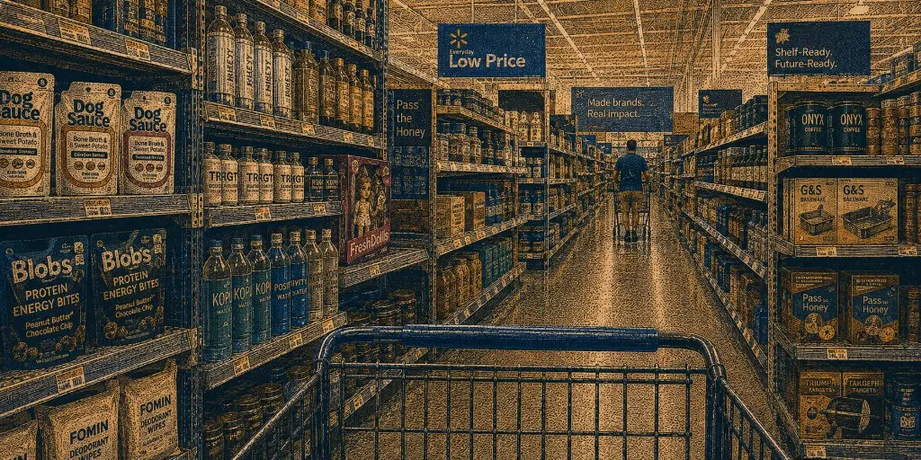 Shopping cart facing down a coded-tapestry grocery aisle