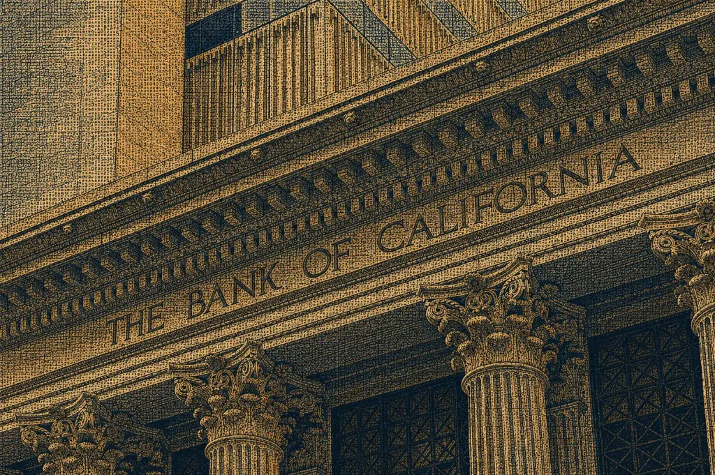 Engraved Bank of California facade in currency-style linework