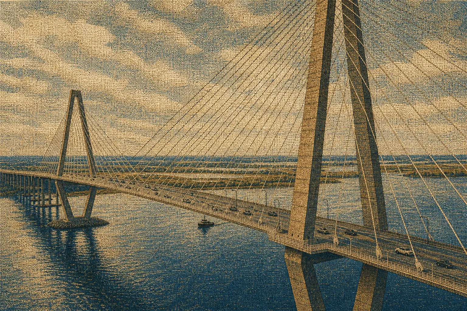 Cable-stayed bridge over water in Mediterranean coded-tapestry illustration