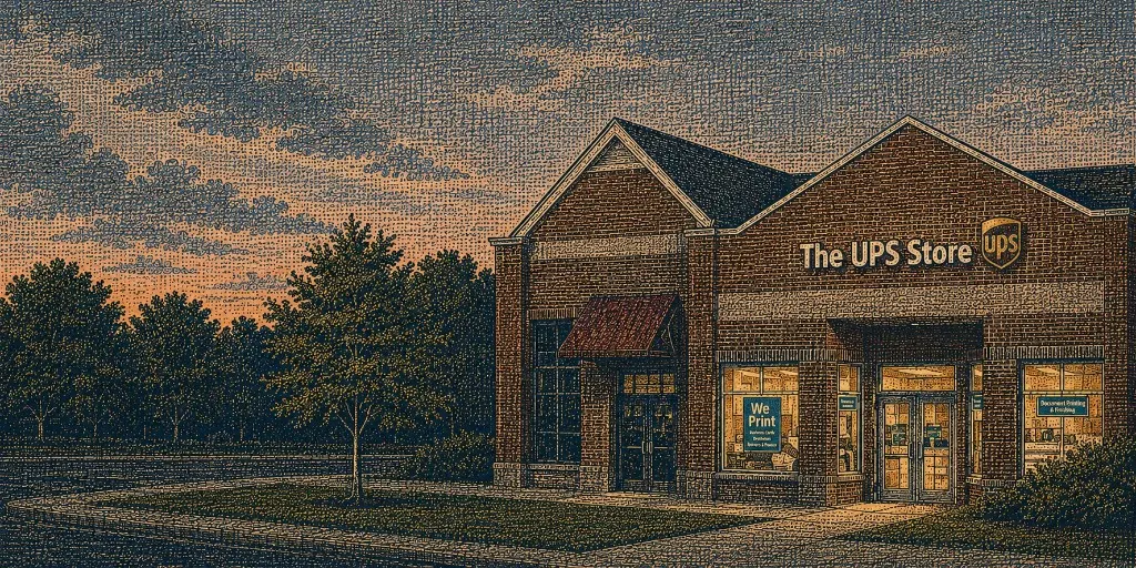 Coded-tapestry of a brick The UPS Store with gold-lit windows under a dusk sky