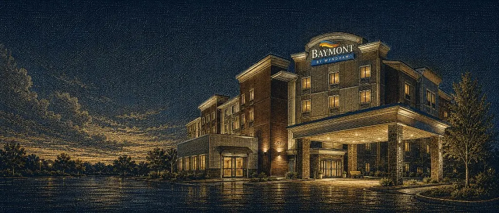Baymont by Wyndham hotel exterior at night in coded-tapestry style