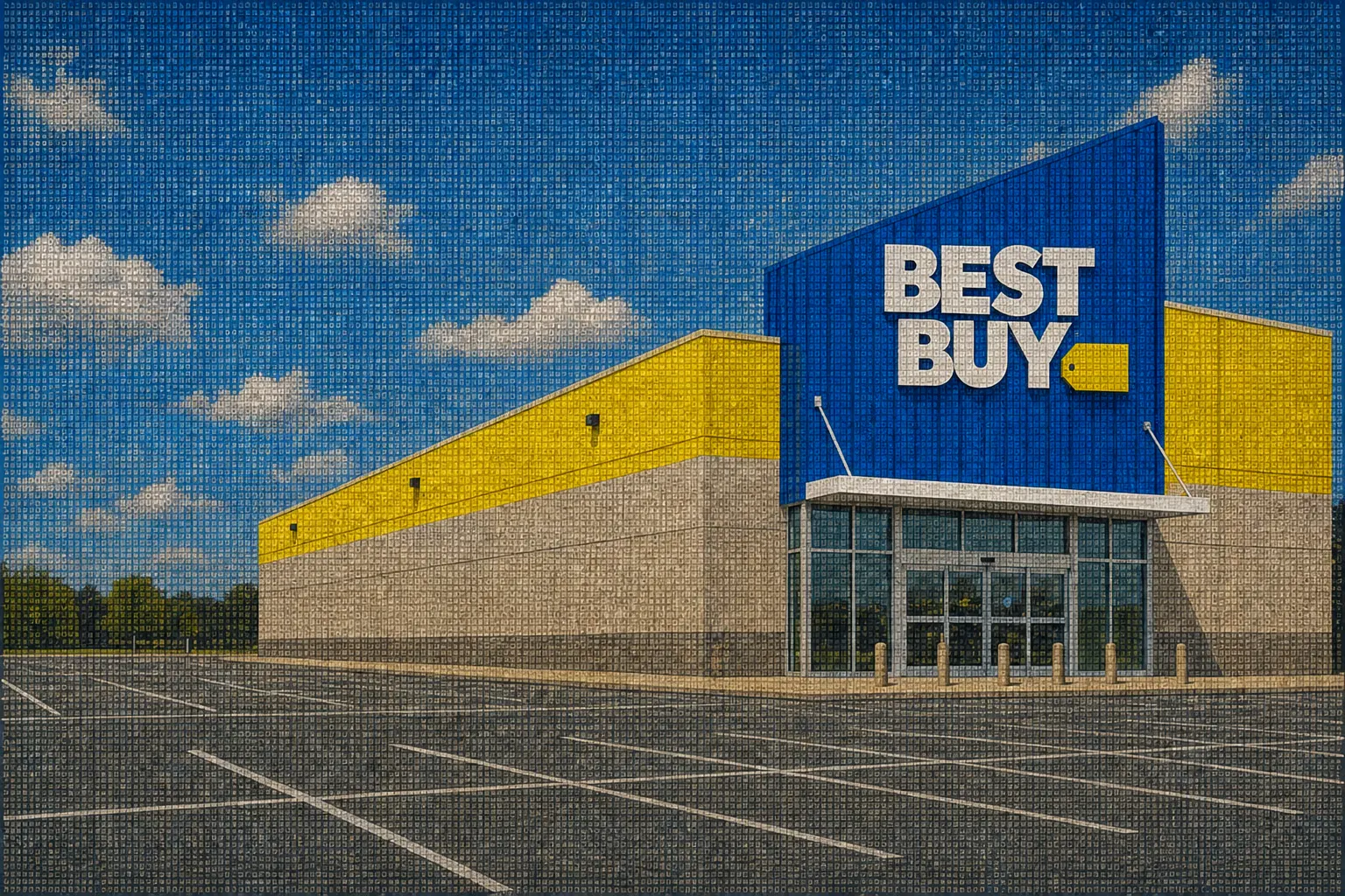 Coded-tapestry illustration of a sunlit Best Buy storefront with Best Buy branding