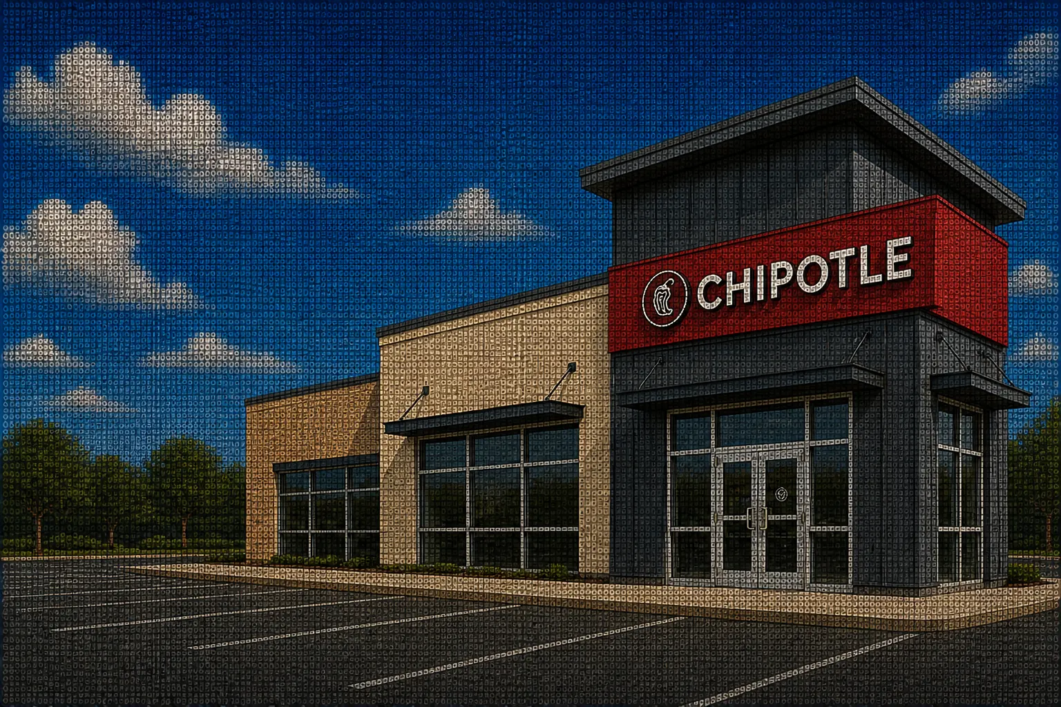 Coded-tapestry illustration of a sunlit Chipotle restaurant with Chipotle branding