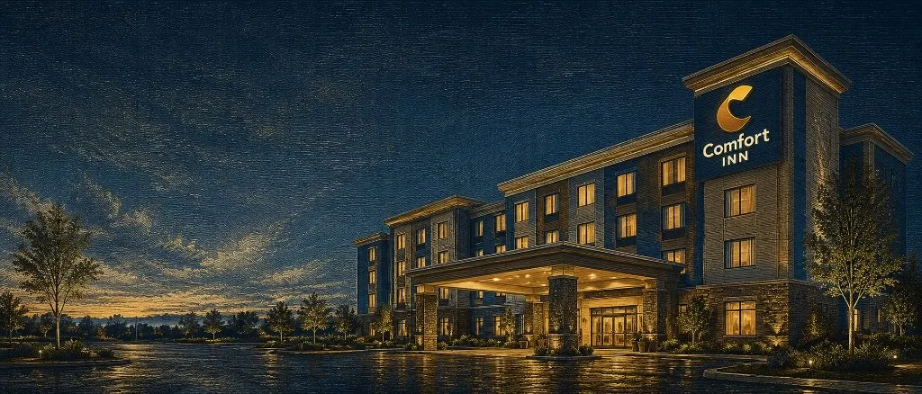 Comfort Inn hotel exterior at twilight in coded-tapestry style