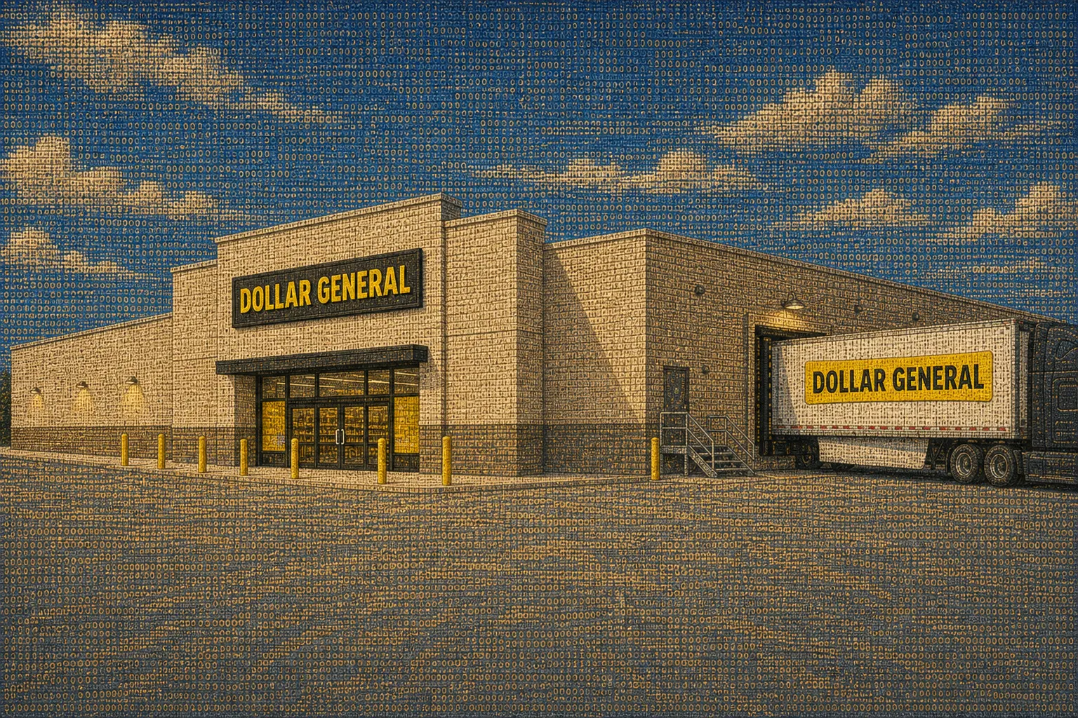 Coded-tapestry illustration of a sunlit Dollar General storefront and truck