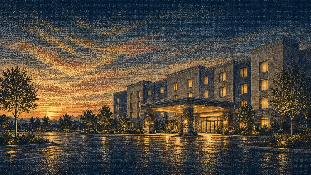 Hotel exterior at dusk in coded-tapestry style