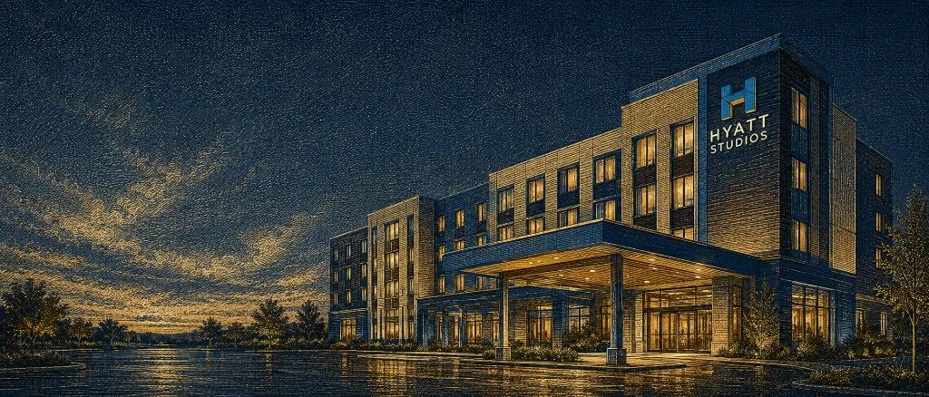 Hyatt Studios hotel exterior at night in coded-tapestry style