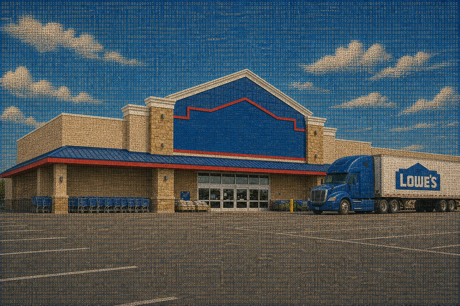 Coded-tapestry illustration of a sunlit Lowe’s storefront and delivery truck