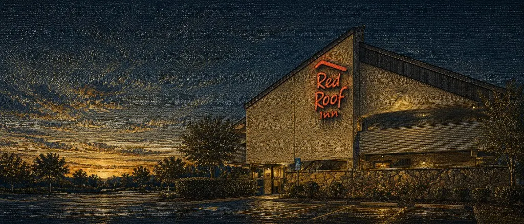 Red Roof Inn exterior at sunset in coded-tapestry style