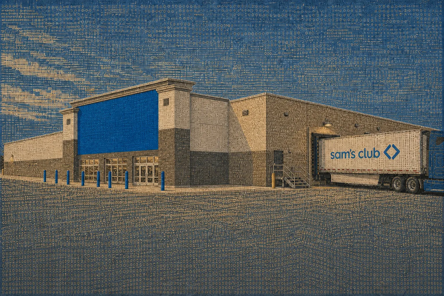 Coded-tapestry illustration of a sunlit Sam’s Club storefront and truck