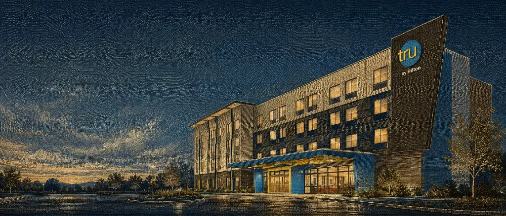 Tru by Hilton hotel exterior at night in coded-tapestry style
