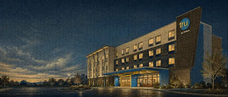 Tru by Hilton hotel exterior at night in coded-tapestry style