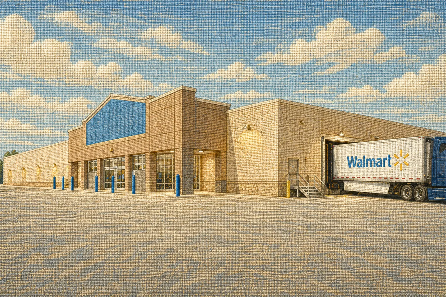 Coded-tapestry illustration of a sunlit Walmart storefront and truck