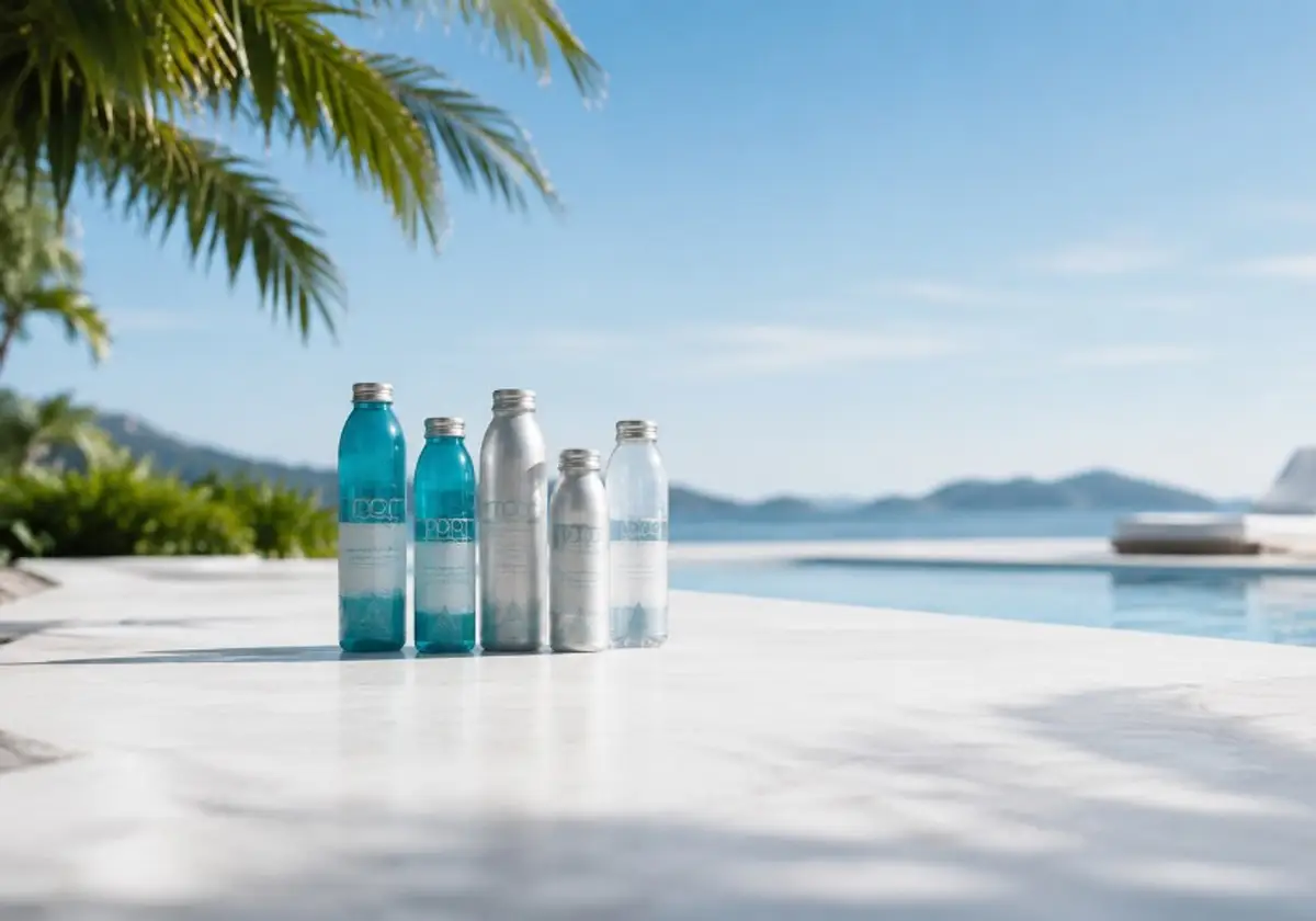 Bottled water on a poolside ledge overlooking the ocean