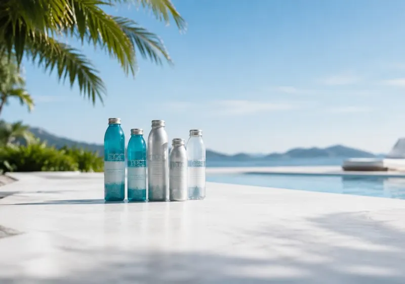 Bottled water on a poolside ledge overlooking the ocean